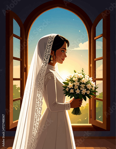 A young woman in a white wedding dress and veil holds a bouquet of white flowers, standing near an open arched window with a sunny sky view.