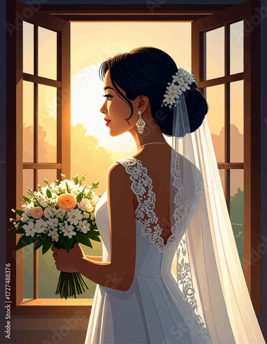 A beautiful bride in a white wedding dress and veil holds a bouquet of flowers, looking out a window at a sunset.