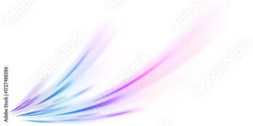 Light beam illustration, neon light strip, high speed motion background, on transparent background in PNG format. Glow luminous glitter shimmer trail. 