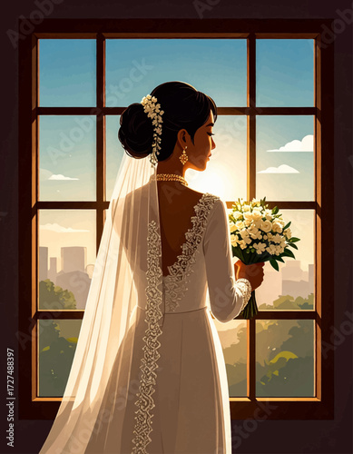 A bride in a beautiful white gown, gazing out a window at a city sunrise.