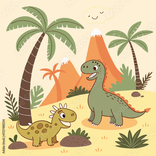 Dinosaur Park Expedition.This whimsical dinosaur park scene is perfect for a children's book cover featuring dinosaurs and imagination