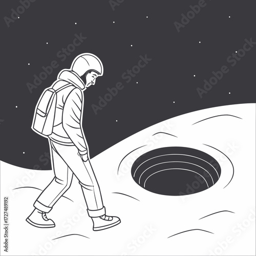 An astronaut walks cautiously near a deep crater on a desolate lunar surface under a starry night sky
