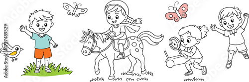 Wallpaper Mural Kids outdoor activity coloring page, children playing in nature, riding horse, catching insects, butterflies and birds, fun printable worksheet art Torontodigital.ca