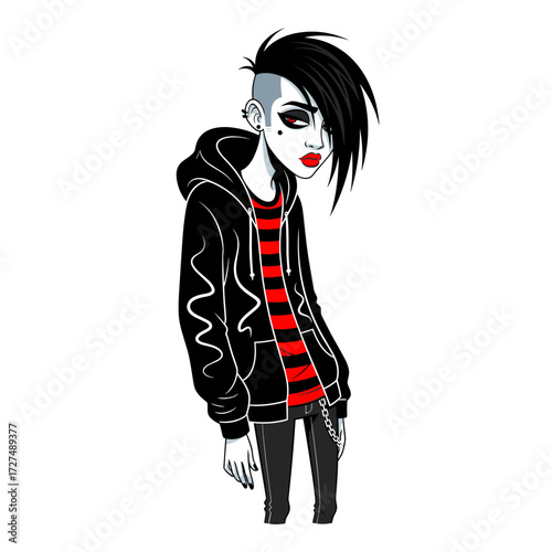 Stylish Goth Punk Cartoon Character with Black Hair and Red Lips.