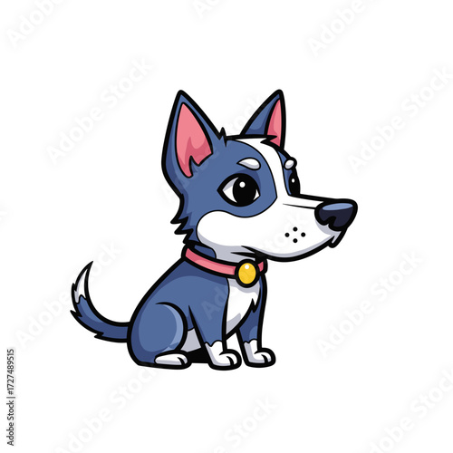 Cute blue and white cartoon husky puppy sitting patiently wearing a pink collar with a gold tag.