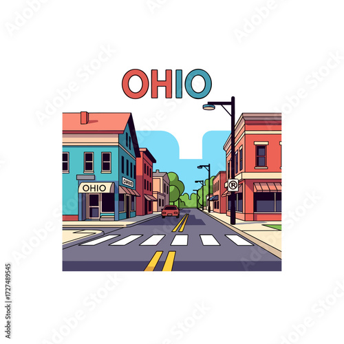 Stylized vector illustration of a quaint Ohio main street with colorful buildings and a car.