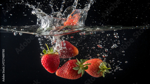Bright red strawberries burst with motion in underwater setting, surrounded by bubbles on black.