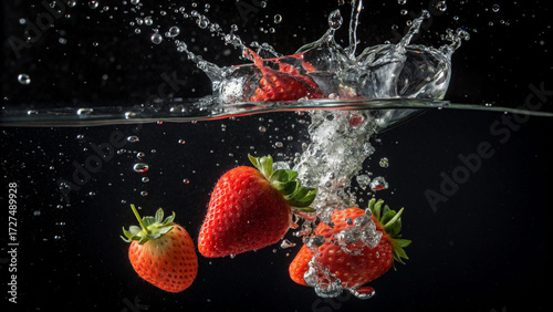 Lush red strawberries create dynamic water splash in underwater scene with bubbles on dark backdrop.