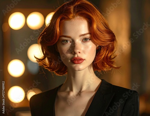 A stylish portrait of a young woman with red hair, sharply lit by studio lights, featuring defined shadows and crisp detailing, conveying a chic, confident, and modern fashion mood