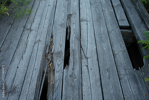 Old wooden bridge with broken planks and visible cracks, creating a sense of danger and abandonment. Perfect for illustrating decay, unsafe construction, or rural infrastructure.