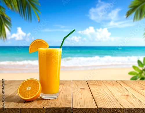 A refreshing glass of orange juice with a slice of orange and a green straw sits on a wooden table, set against a sunny tropical beach with blue sea and palm leaves