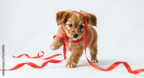 Adorable puppy with red ribbon playing on white background cute dog pet animal canine friend little brown fur