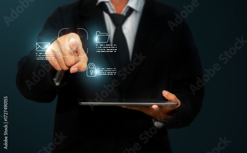 Businessman pressing digital email icons representing modern online communication and information exchange. Ideal for messaging, business contact, and technology services.