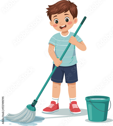Happy cartoon boy cleaning floor with mop and water bucket, child doing household chores, hygiene, cleanliness, and responsibility illustration