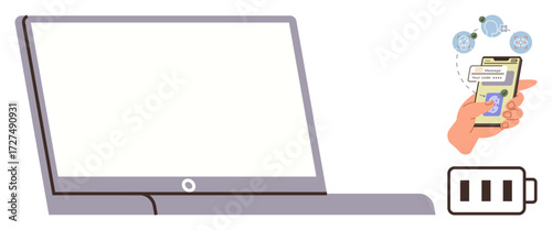 Hand holding smartphone, completing a financial transaction with coins and messages above. Nearby, open laptop and low battery icon. Ideal for technology, e-commerce, finance, convenience, energy