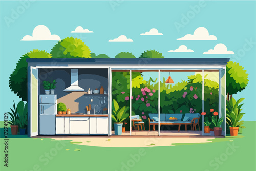 Modern outdoor kitchen and living space seamlessly integrated with lush greenery vector illustration
