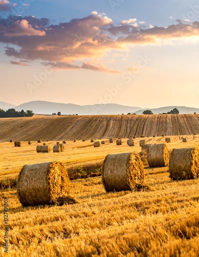 Serene sunset over a harvested field, numerous hay bales scattered across the golden landscape, rolling hills in the background