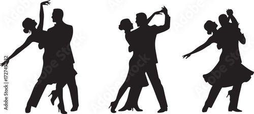 PrintSilhouette, ballroom dance, couple, elegance, motion, performance, romance, connection, black, white, minimal, formal, rhythm, grace, posture, artistic, movement, suit, dress, choreography