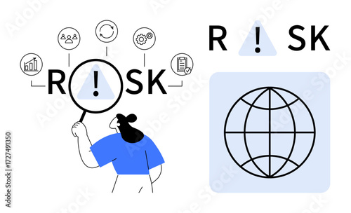 Woman examining risk factors using magnifying glass, icons for analytics, teamwork, process, and documents. Ideal for business analysis, decision-making, global strategy, risk assessment teamwork