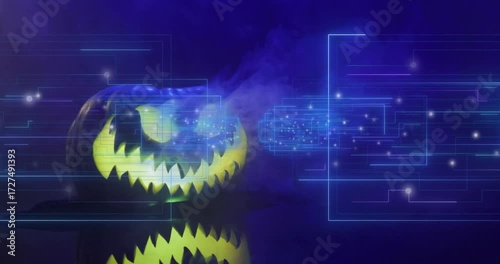 Glowing jack-o-lantern emitting blue circuit lines and drifting smoke while forming data network