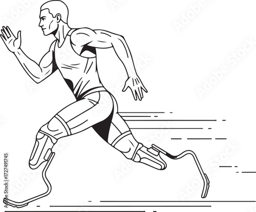 Determined Male Athlete Running with Prosthetic Blades Illustration