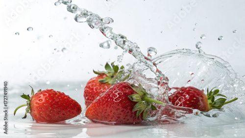Radiant red strawberries, cut interior shown, swirl energetically in splash with bubbles on reflective white.