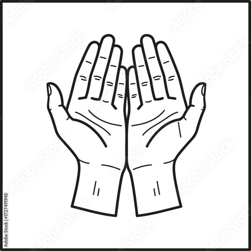 A simple black and white line drawing of two open hands held up together in a gesture of prayer, supplication, or receiving.