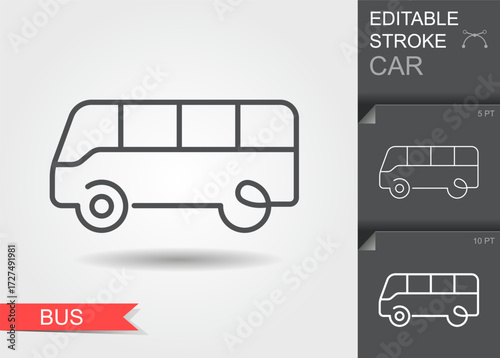 Minimal linear vector icon of a bus silhouette with editable stroke, outline style, contour design and soft shadow. Perfect for transport graphics, public transportation icons, infographics, web and m