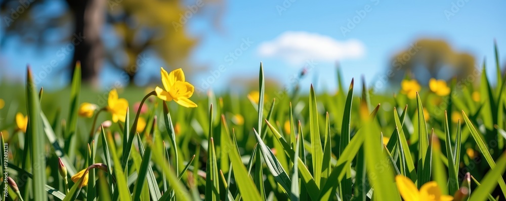 Obraz premium Sunny spring meadow, blurred background of blue sky transitioning to vibrant green grass. Perfect for nature, spring, or idyllic themes, beauty, field, ecology