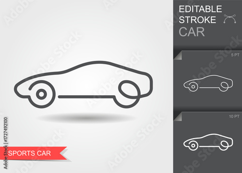 Minimal linear vector icon of a sports car silhouette with editable stroke and contour design. Perfect for automotive, racing, transport, travel, infographic, web, apps, signs, and graphic design 