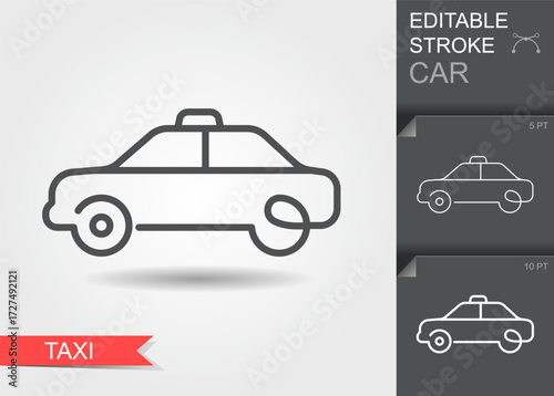 Minimal linear vector icon of a taxi car silhouette with editable stroke and contour design. Ideal for transport, travel, city service, infographic, web, mobile apps, navigation maps, signs