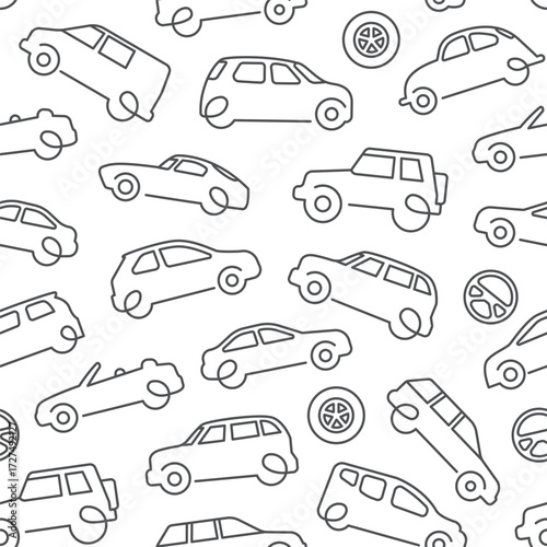 Seamless vector background with linear car silhouettes, including hatchback, sedan, SUV, van, cabriolet, and wheels. Minimal outline style, editable stroke, perfect for automotive design, wallpaper, w