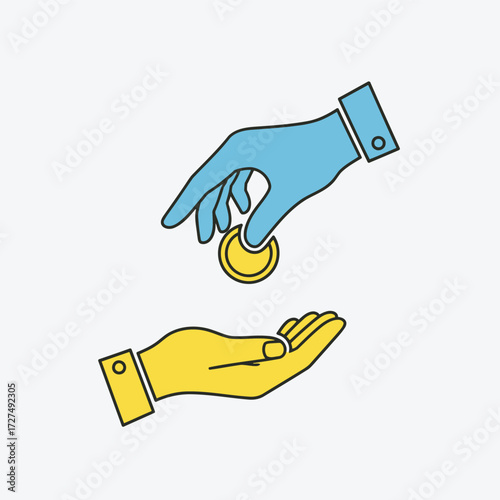 A simple line art illustration of one hand giving a gold coin to another, symbolizing charity, payment, or a financial transaction.