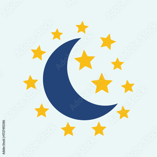 A simple graphic illustration of a dark blue crescent moon surrounded by bright yellow stars on a light background.