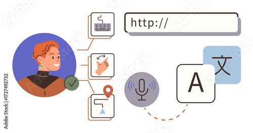 Person using technology tools for online searches, linguistic translation, and voice input. Ideal for education, communication, inclusivity, global accessibility, voice technology, online learning