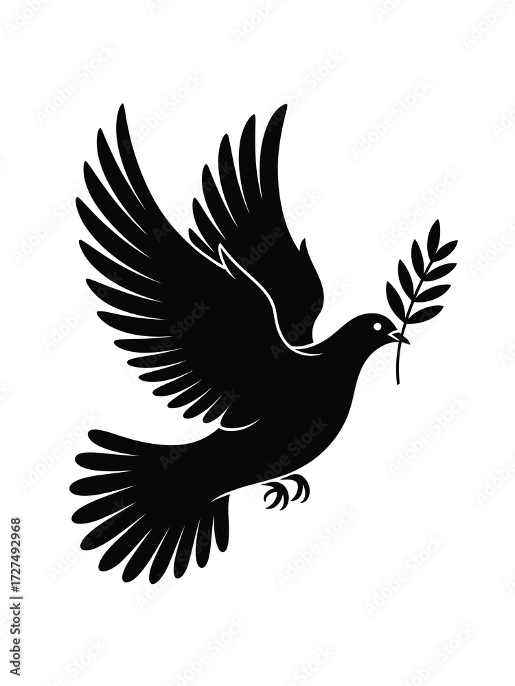 Obraz premium Black silhouette of a dove flying with an olive branch