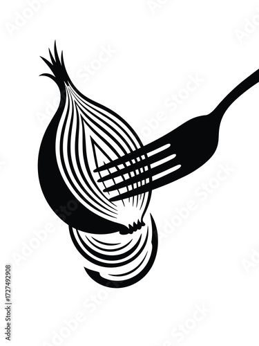Black and white illustration of a fork piercing a sliced onion