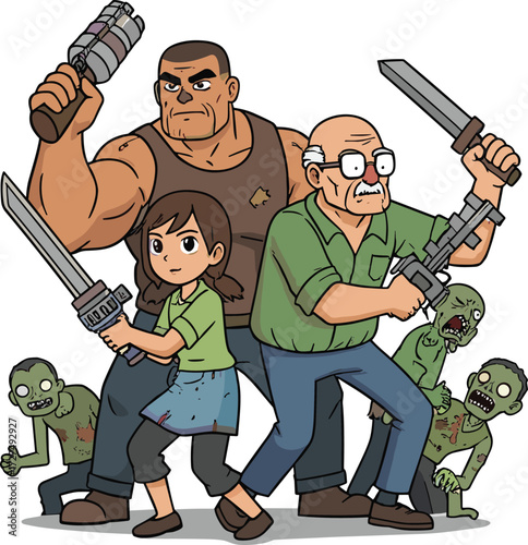 Zombie attack, cartoon survivors, graveyard battle, sword and gun defense, spooky undead, horror humor, Halloween fight scene, creepy illustration, parody art