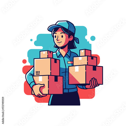 Smiling Delivery Person Holding Stack of Cardboard Boxes.