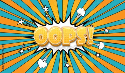 A comic book page with the caption oops in a speech bubble on a green-orange background. A pop art style template for superhero text in comics with a speech bubble and a message. Vector EPS 10.