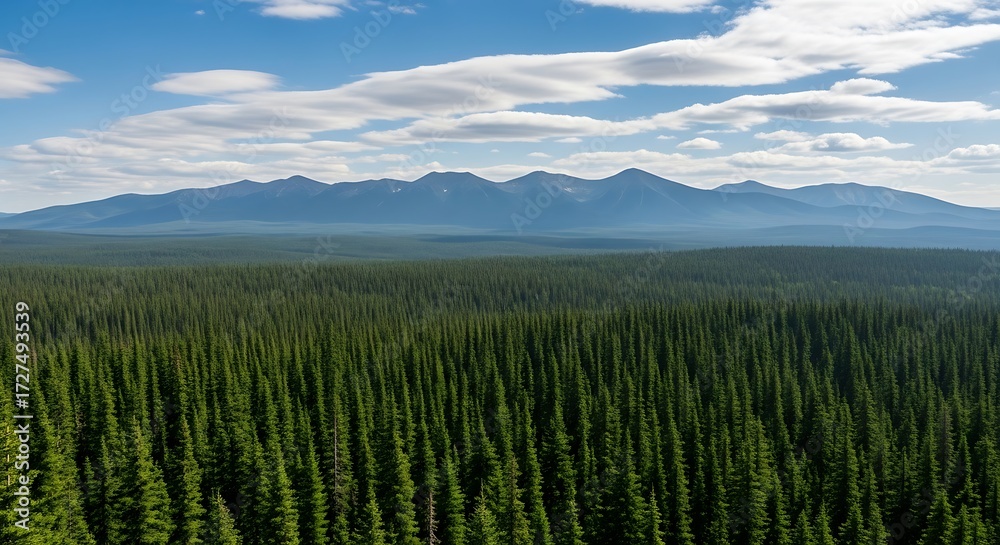 Obraz premium Vast evergreen forest below majestic mountain range under cloudy sky