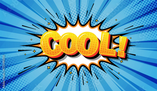 A vector comic book template with a speech bubble and the text "cool", with blue rays and a semitone. Vintage background for superhero comic book posters. Vector EPS 10.