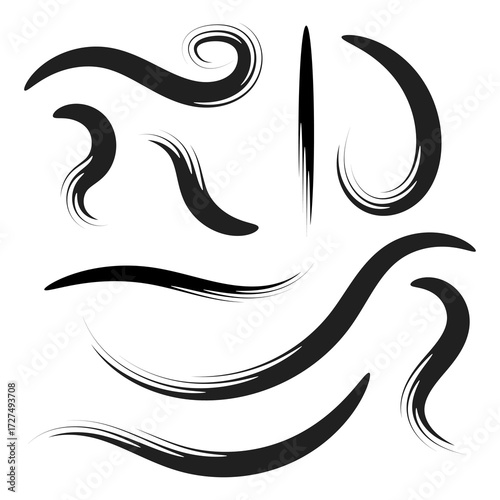Abstract Black Brush Stroke Set,  Dynamic Ink Swooshes and Curves Isolated on White