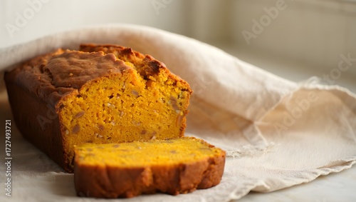 Wallpaper Mural Rustic pumpkin bread loaf revealing vibrant orange interior on cream linen backdrop Torontodigital.ca