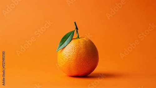 Vibrant orange citrus fruit with green leaf on bright orange background stem