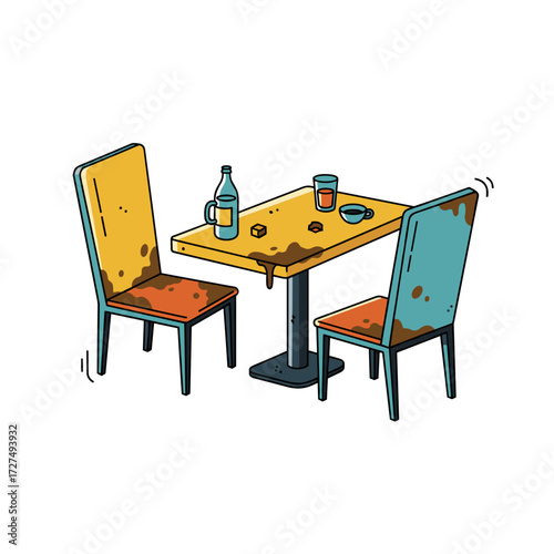 Dirty Restaurant Table and Chairs with Spilled Mess.