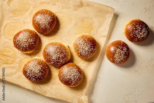 Freshly baked brioche buns with sesame seeds on baking paper. Golden homemade burger buns cooling after baking.