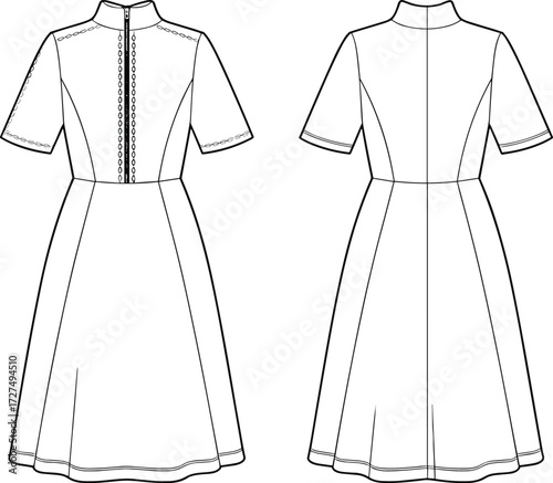 Technical fashion sketch, A-line dress, short sleeves, high neckline, princess seams, zipper back, front and back view, vector illustration