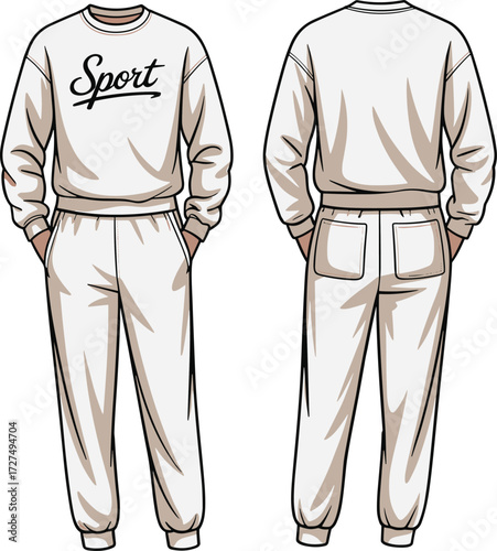 Technical fashion sketch, beige tracksuit design, sweatshirt and sweatpants, elastic cuffs, sport lettering, front and back view, vector illustration