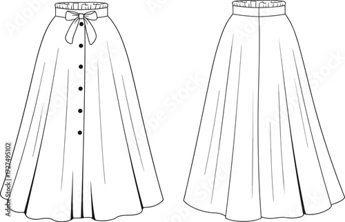 Technical fashion sketch, full length skirt, gathered waistband, button front, bow detail, pleated back, front and back view, vector illustration
